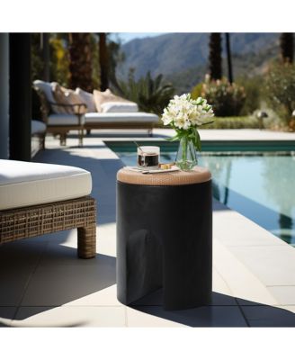 Outdoor Accent Side Table, 18'' Black with Natural Rattan Finish Cement Patio End Table, U-Shaped Base Plant Stand for Patio Backyard, Outdoor Furniture for Lawn Balcony Porch