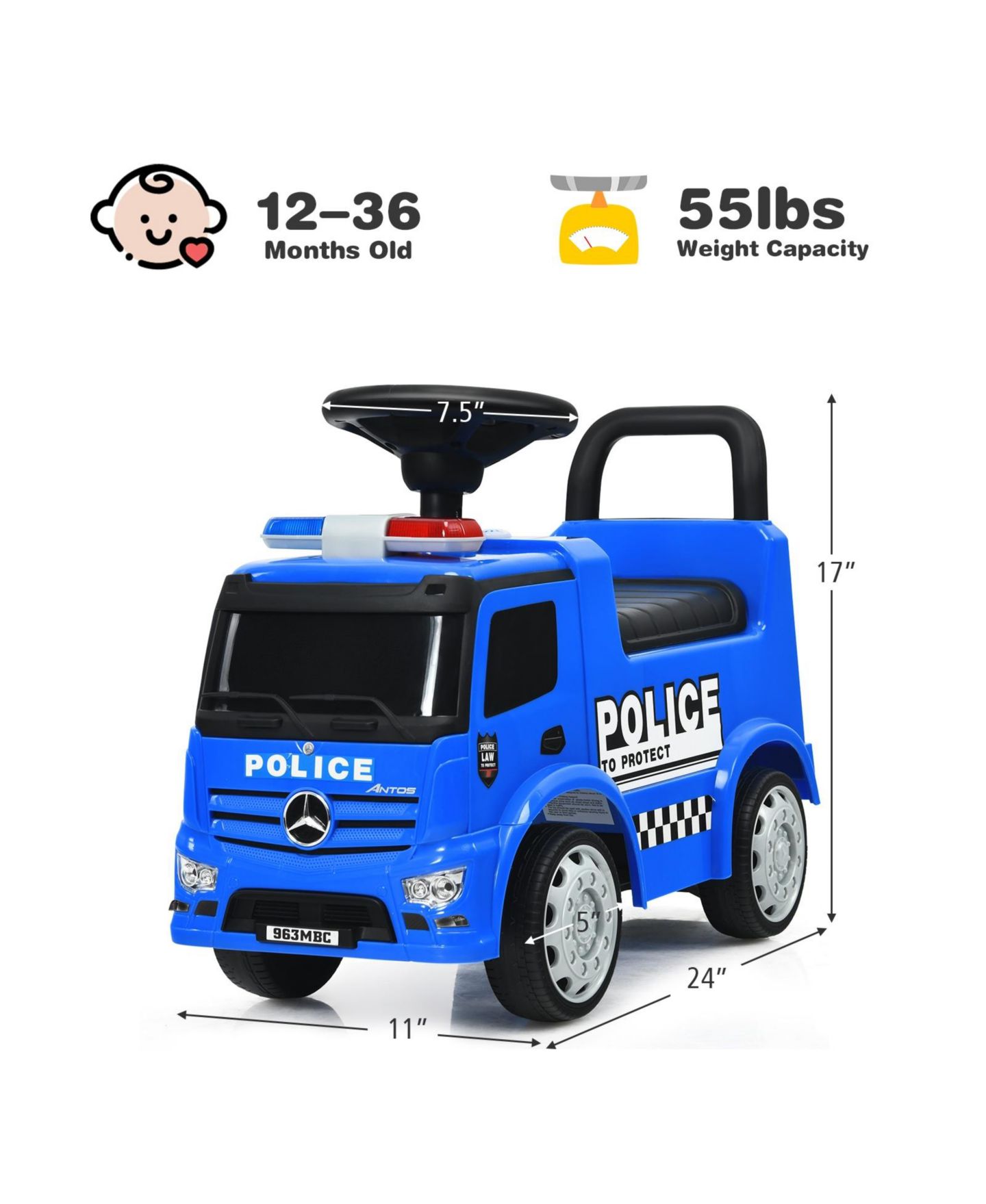 Детская игрушка HONGGE Mercedes-Benz Licensed Ride-On Push Police Car with Horn and Siren Sounds, Ages 12-36 Months, цвет: Синий — фото 10