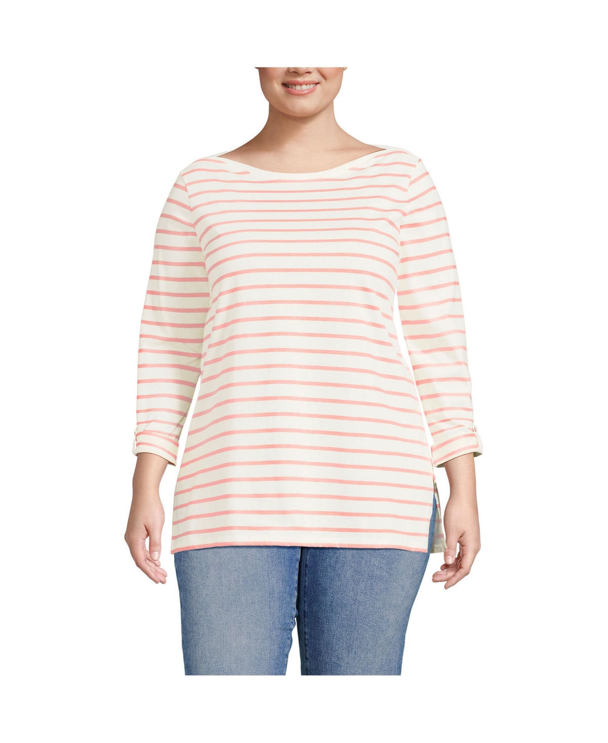 Plus Size Supima Cotton Adjustable 3/4 Sleeve Boatneck Tunic - Ivory/peach breton stripe