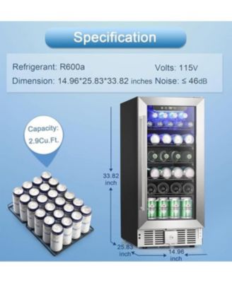 15" Beverage Refrigerator Cooler, 2.9 Cu.Ft Wine Fridge with Lock, Glass Door, Low Noise, Stainless Handle for Home, Office, Bar