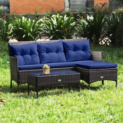 Set of 3 3-Seat Sofa Cushioned Table Rattan Furniture Set Garden Patio