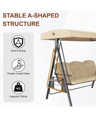 Steel 3 Person Patio Swing Chair Swinging Outdoor Chair with Removable Mat, Cushion and Convertible Canopy, Navy Blue