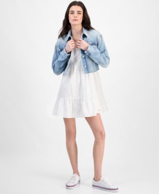 Womens Cropped Trucker Jacket Eyelet Dress