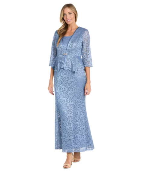 Petite 2-Pc. Metallic-Lace Gown & Jacket Set - Blue