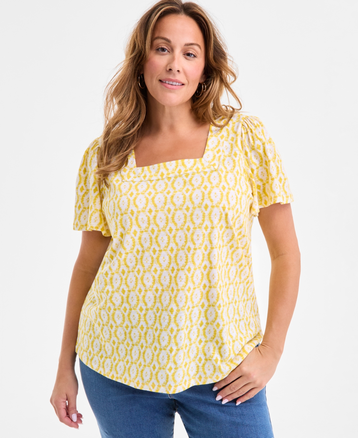 Style & Co Plus Size Printed Square-neck Short-sleeve Top, Exclusively At Macy's