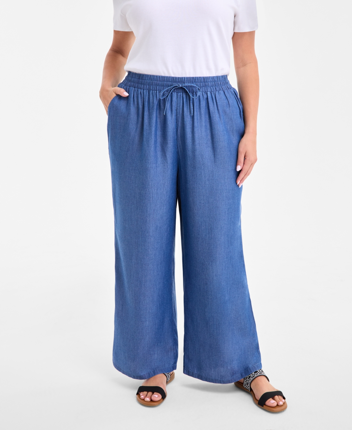 STYLE & CO PLUS SIZE CHAMBRAY DRAWSTRING HIGH-RISE WIDE-LEG PANTS, EXCLUSIVELY AT MACY'S 