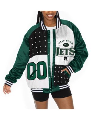 Gameday Couture - Women's Green/White New York Jets Oversized Hot Shot Rhinestone Throwback Full-Snap Varsity Bomber Jacket