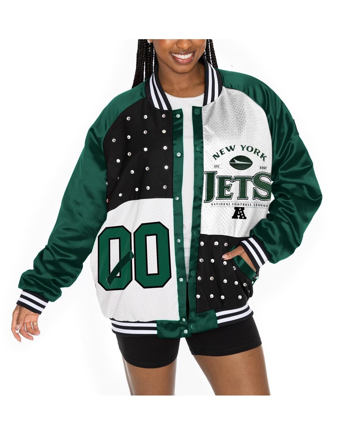 Women's Green/White New York Jets Oversized Hot Shot Rhinestone Throwback Full-Snap Varsity Bomber Jacket - Green, White