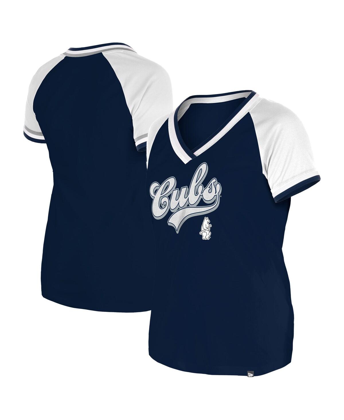 NEW ERA WOMEN'S NAVY CHICAGO CUBS GAMEDAY RAGLAN V-NECK T-SHIRT 