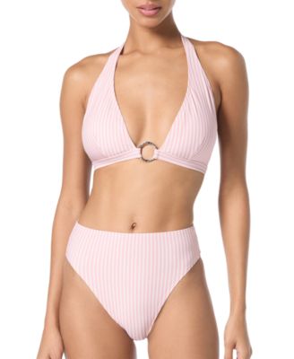 Michael Kors Michael  Womens Logo Ring Halter Bra Top Stripe High Waist Bottom