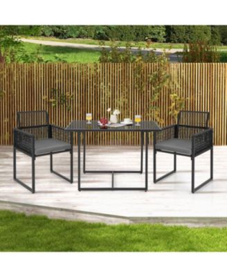 Set of 3 PE Wicker Furniture Set Cushioned Chairs w/ Folding Backrest Patio Backyard