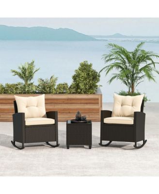 3 Piece Outdoor Rocking Set Rattan Rocking Chair Set w/ Tempered Glass Table Seat