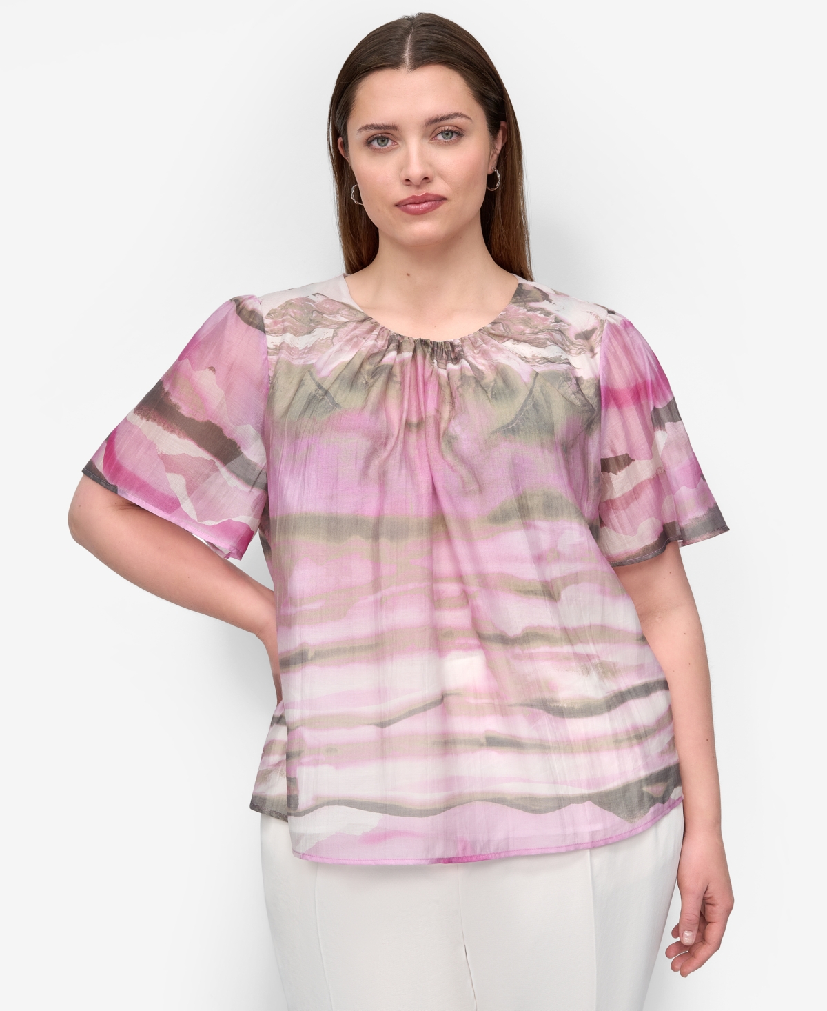 Plus Size Printed Short-Sleeve Blouse - Palest Pink Multi