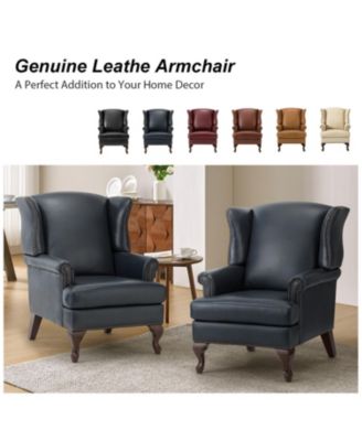 Helmuth Genuine Leather Wingback Armchair with Solid Wood Legs