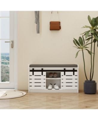 2-Tier Entryway Bench with Sliding Doors and Cushion
