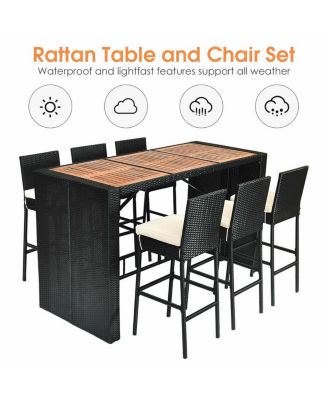 7 PCS Patio Rattan Wicker Bar Dining Furniture Set wood Table Top 6 Stools