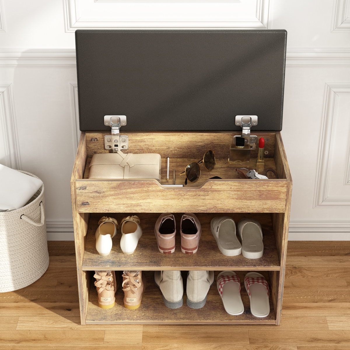 Shoe bench with shelves, natural wooden shoe rack with 3 storage compartments, Entryway Bench - Natural
