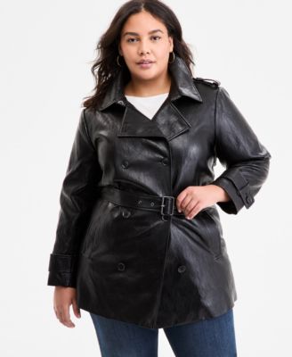 BCBGMAXAZRIA - Plus Size Double-Breasted Faux-Suede Belted Trench Coat