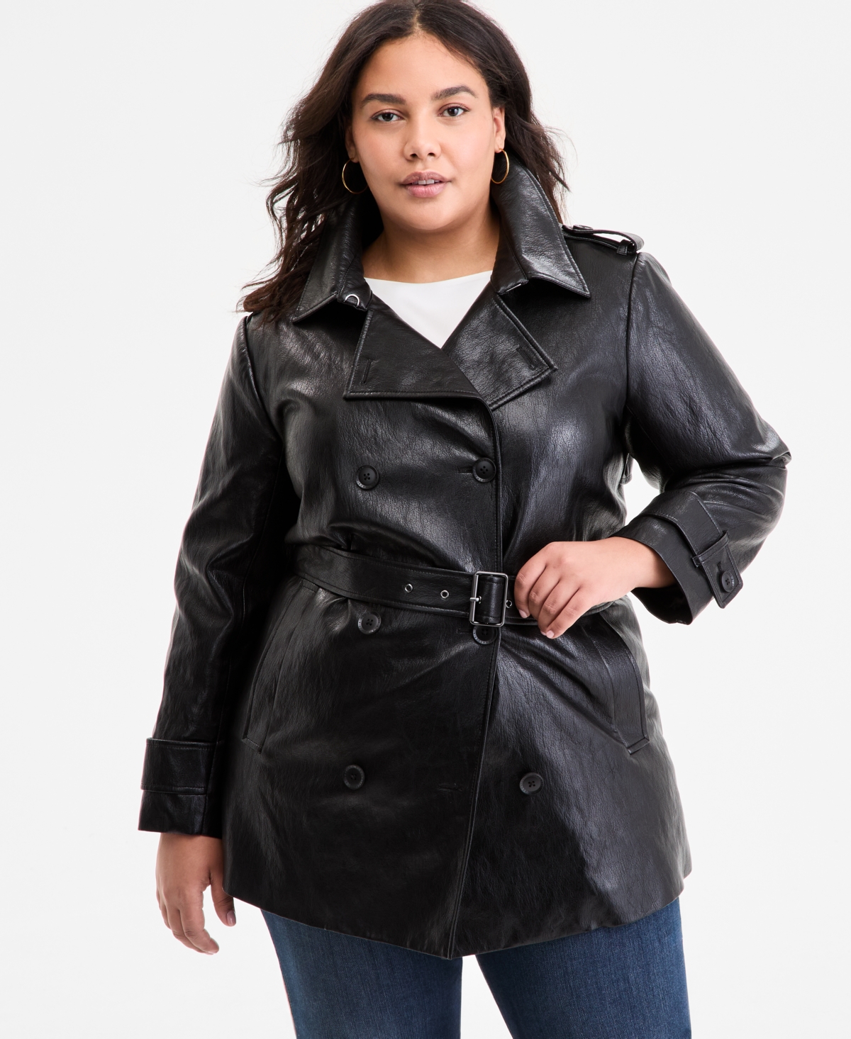 Bcbgmaxazria Plus Size Double-breasted Faux-leather Belted Trench Coat In Black