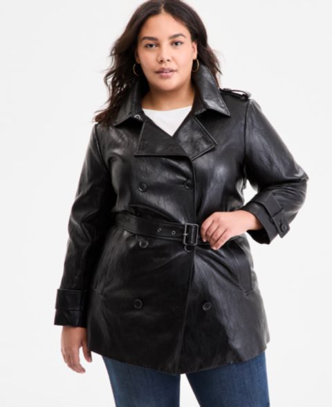 Женские куртки BCBGMAXAZRIA Plus Size Double-Breasted Faux-Leather Belted Trench Coat