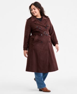 Plus Size Double-Breasted Faux-Suede Belted Trench Coat