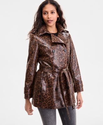 BCBGMAXAZRIA - Women's Double-Breasted Faux-Leather Belted Trench Coat