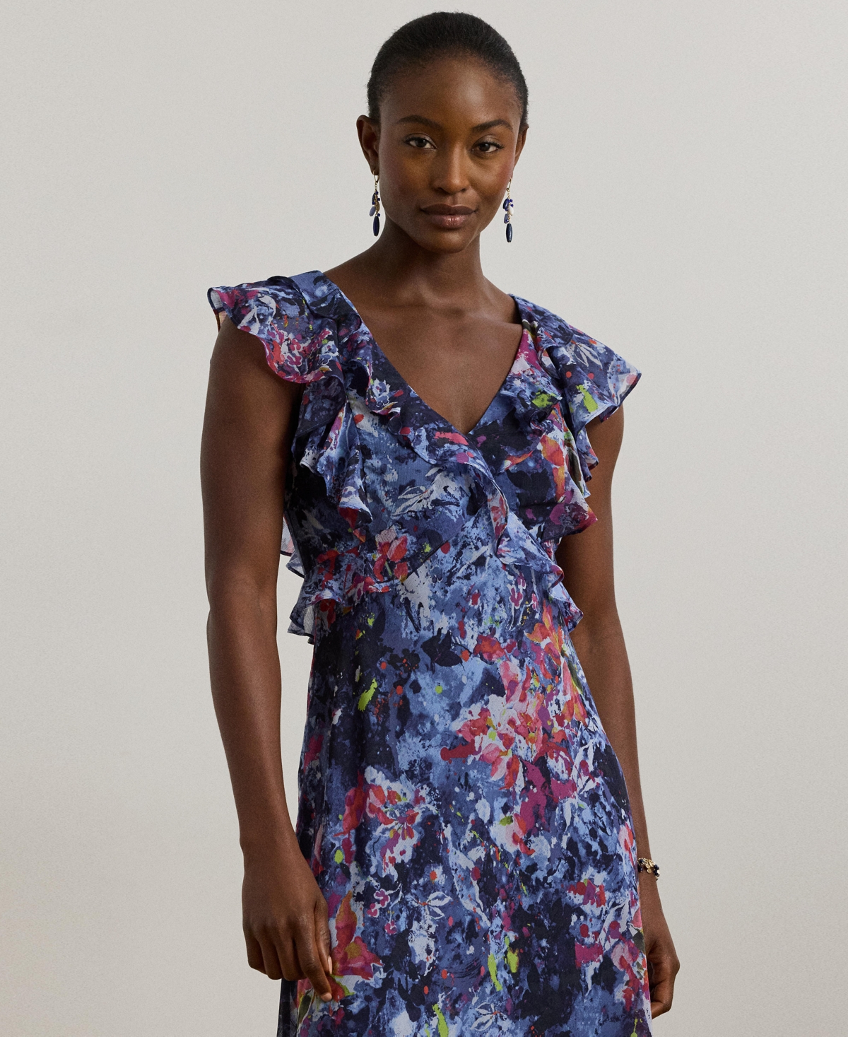 Ralph Lauren Petite Print Ruffle-trim Georgette Midi Dress In Blue
