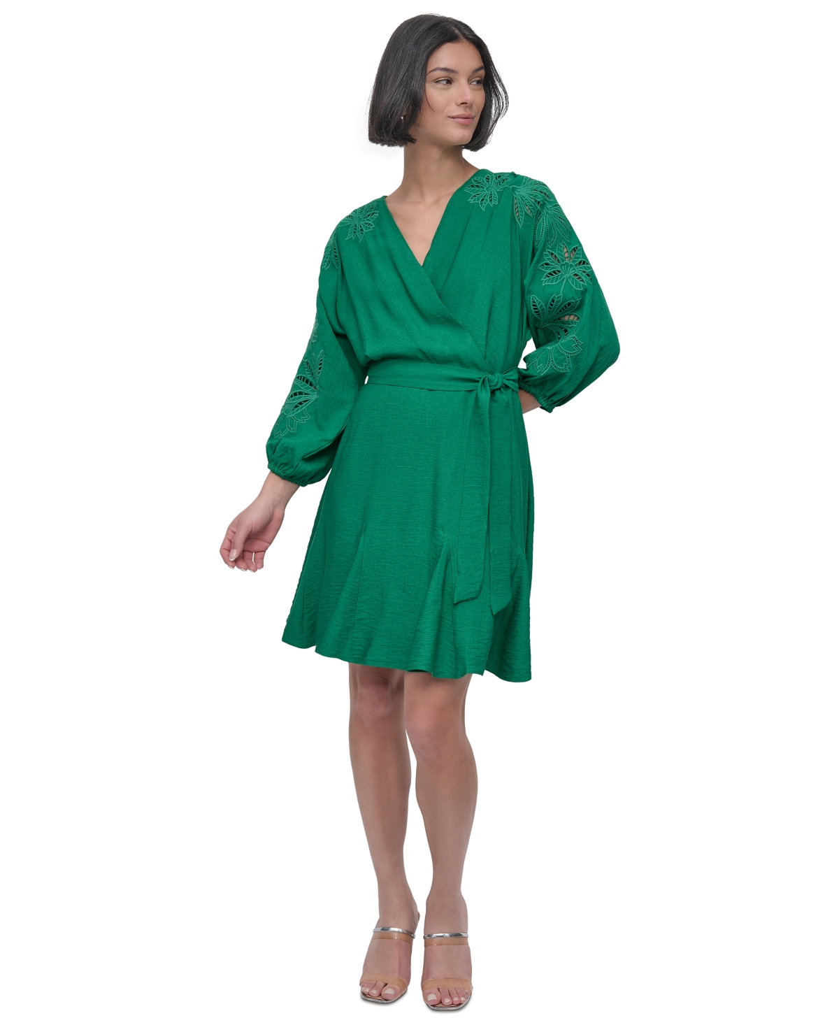 Shop Dkny Petite Faux-wrap Embroidered-sleeve Fit & Flare Dress In Grass Green