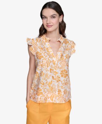 KARL LAGERFELD PARIS - Women's Printed Split-Neck Flutter-Sleeve Blouse