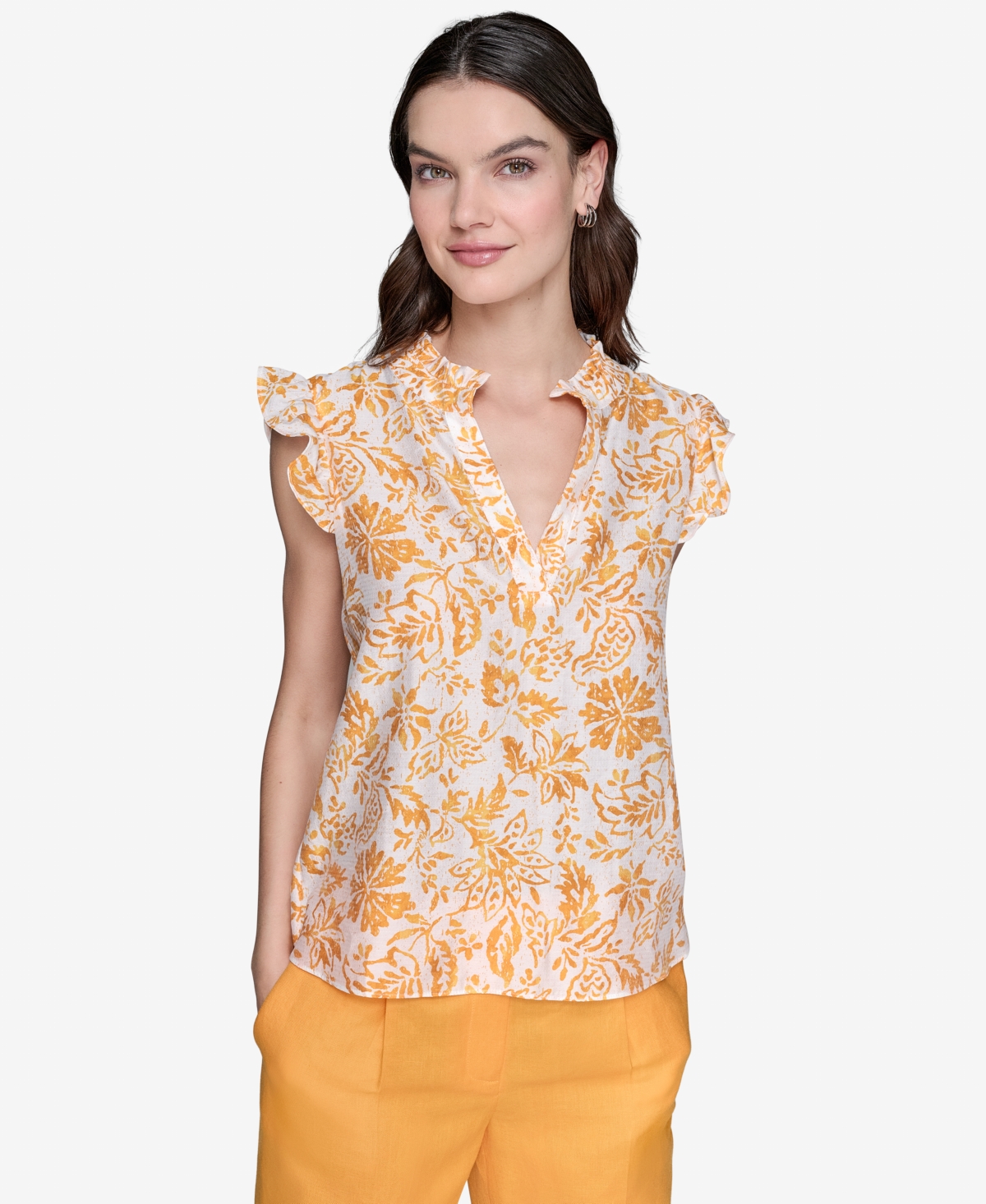 Karl Lagerfeld Women's Printed Split-neck Flutter-sleeve Blouse