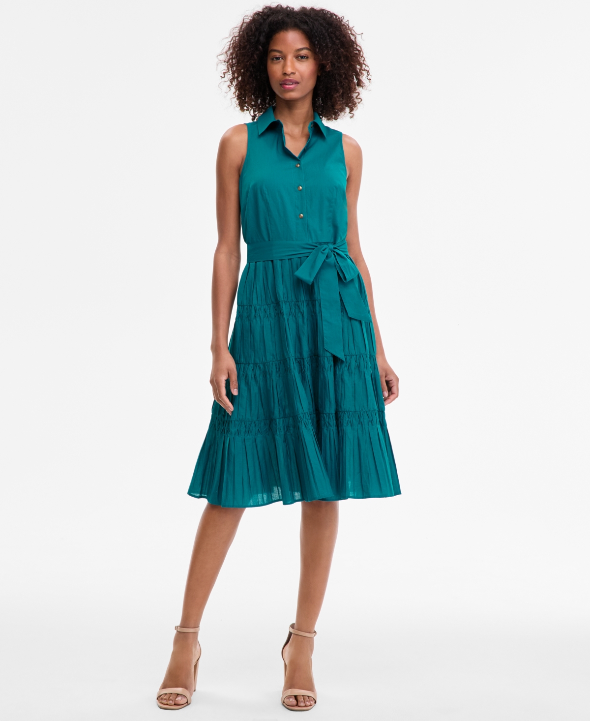 Women's Sleeveless Pintuck Tie-Waist Midi Dress - Ink Teal
