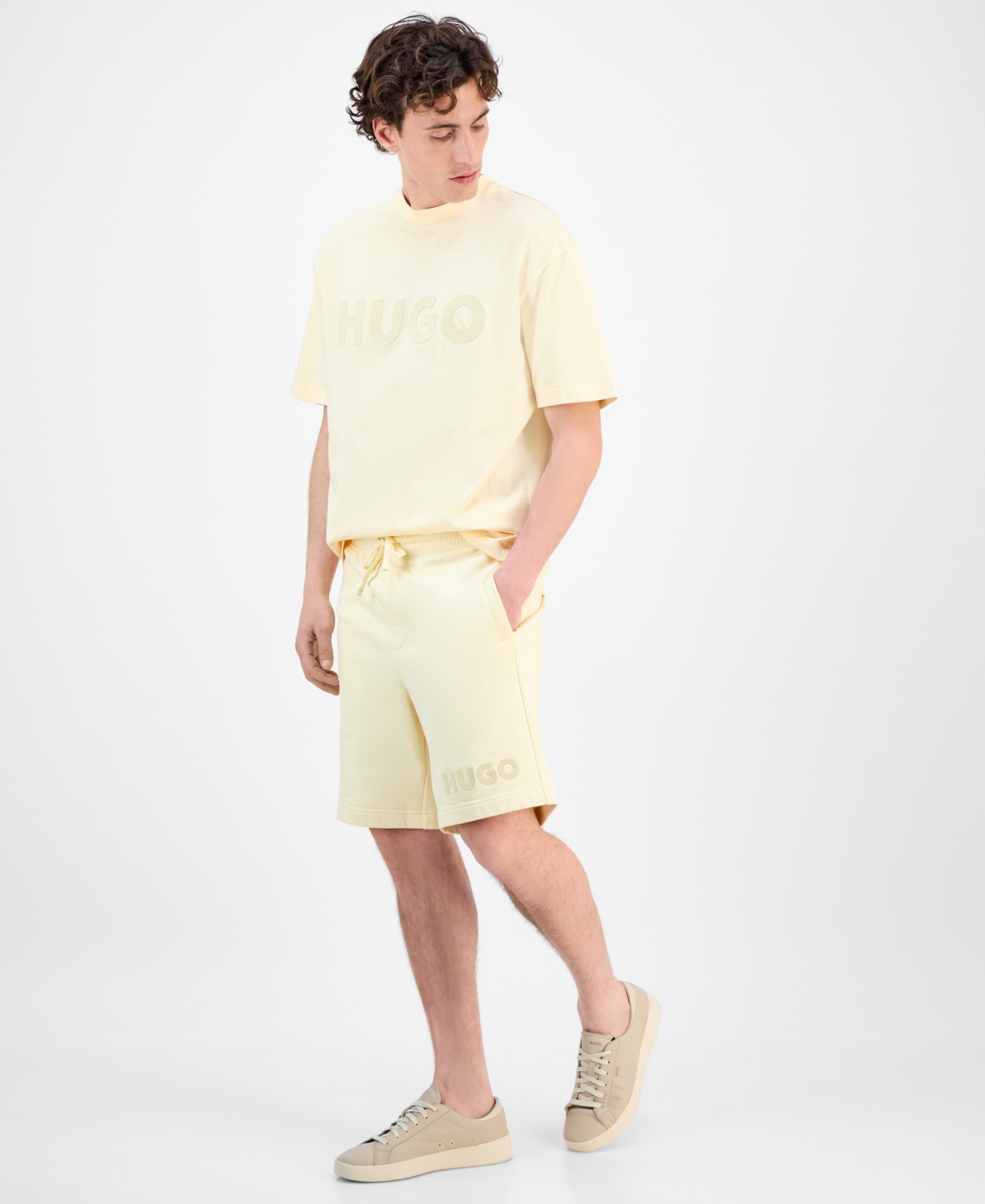 Hugo Boss Mens Dinkee Logo Graphic Cotton T Shirt Dinkoe Cotton Shorts In Yellow