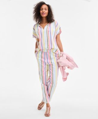 Women's Striped Cotton Gauze Pull-On Pants, Exclusively at Macy's