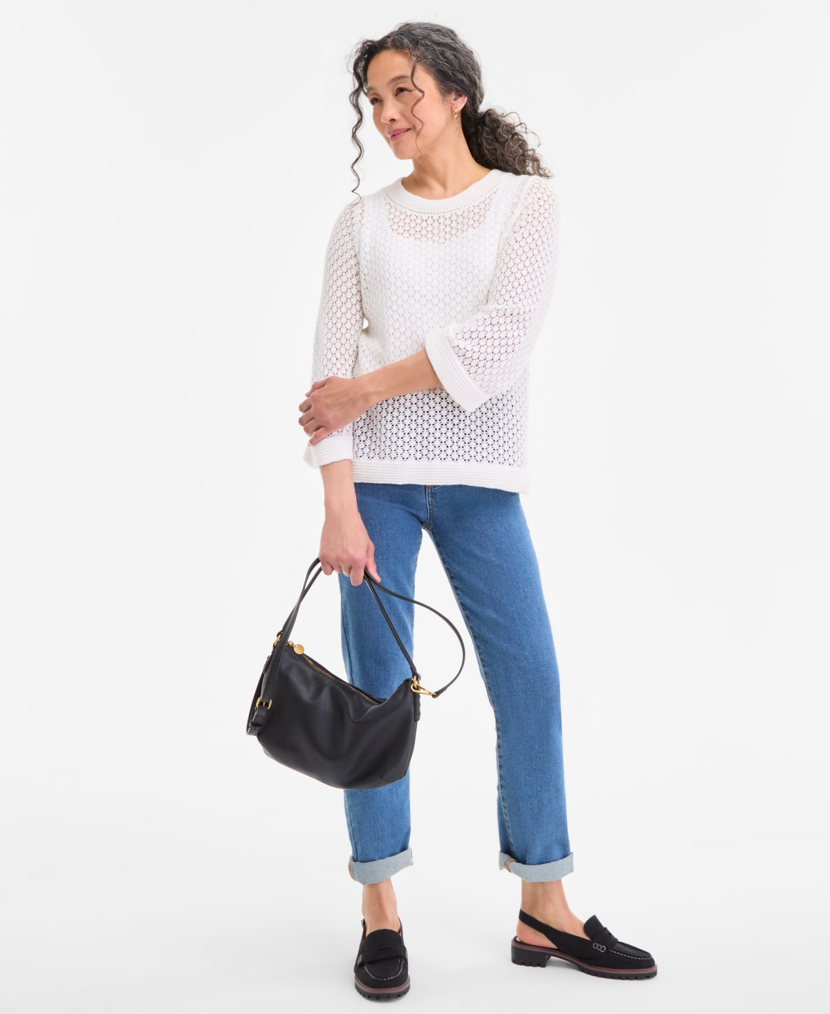 Shop Style & Co Women's Cotton Open-knit 3/4-sleeve Sweater, Exclusively At Macy's