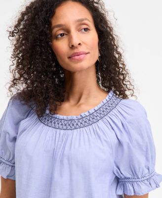 売れ筋商品|||スタイルアンドコー カットソー トップス レディース Women's Cotton Contrast-Stitch Puff-Sleeve Top, Exclusively at Macy's Summer Blue Style & Co Women's Cotton Contrast-Stitch Puff-Sleeve Top