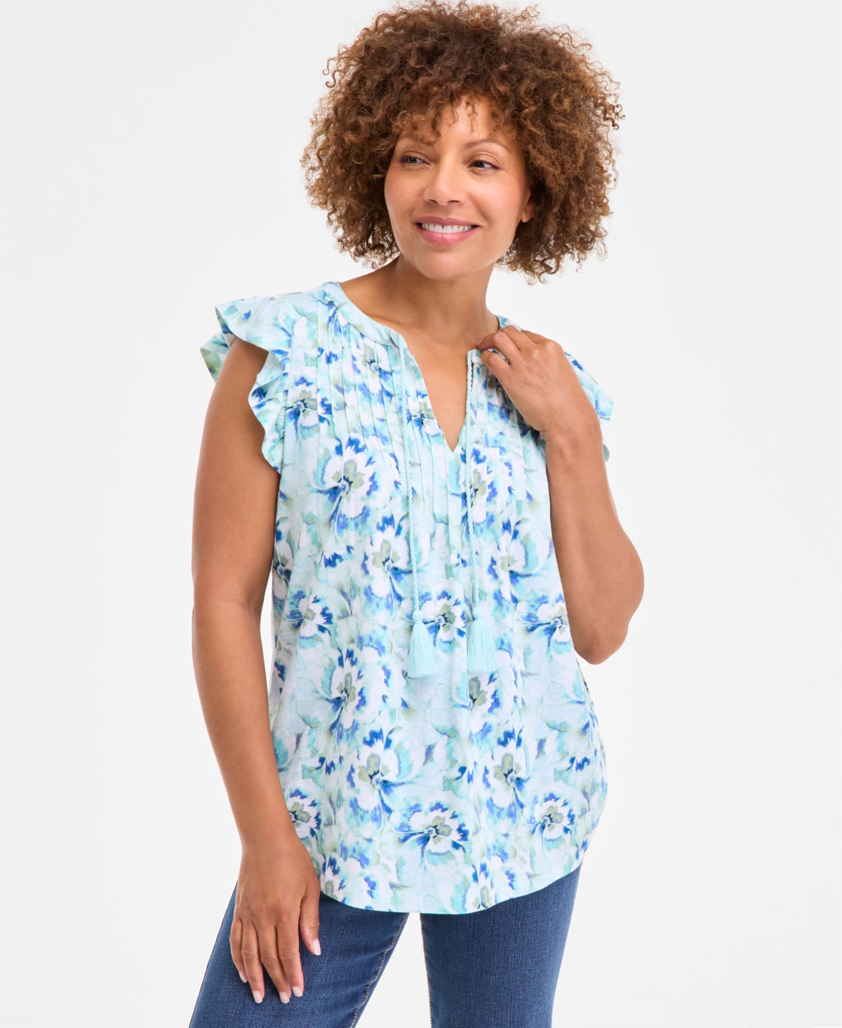 Petite Printed Pintuck Ruffle-Sleeve Blouse, Exclusively at Macy's - Atomic Orange