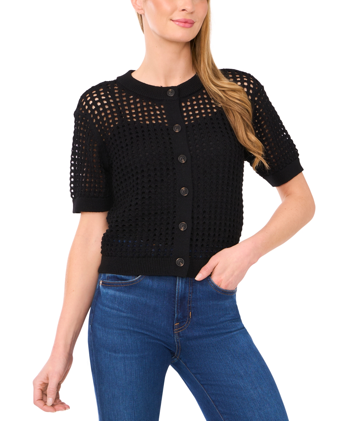 Cece Women's Texture Mesh Short-sleeve Cardigan