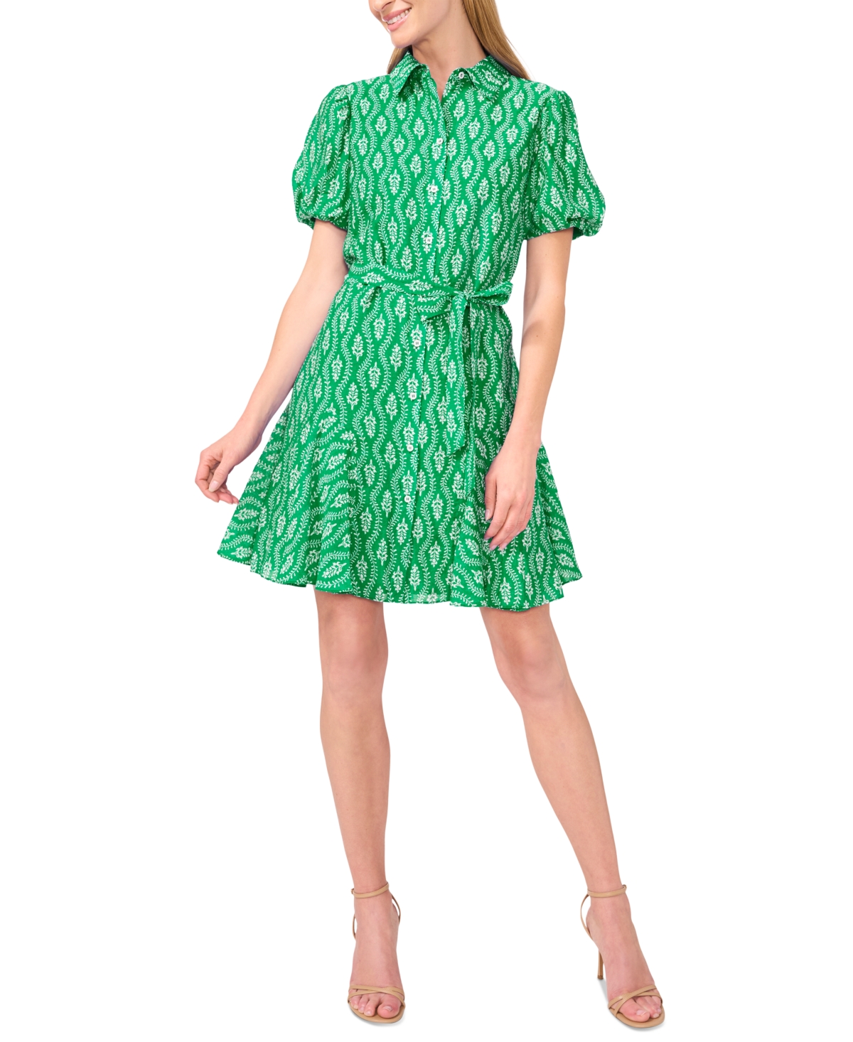 Women's Flowy Tie Waist Shirt Dress - Kelly Green