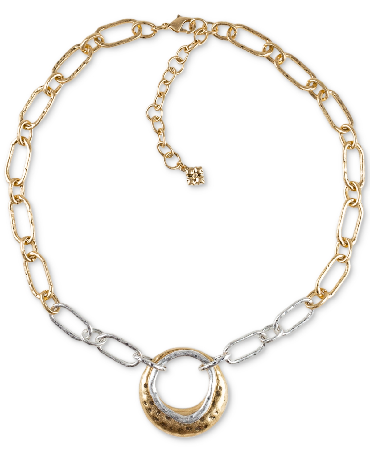 Two-Tone Double Circle Pendant Necklace, 18" + 3" extender - Worn Gold/