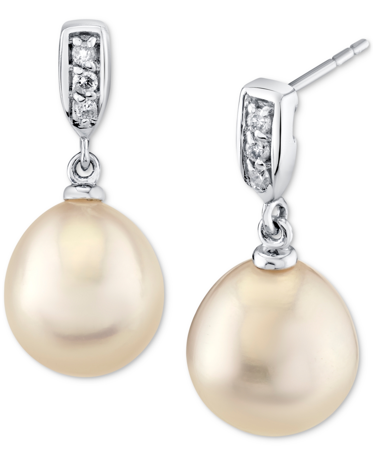 Cultured Freshwater Pearl (9mm) & Diamond Accent Drop Earrings in 14k White Gold - White Gold