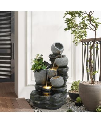 3-Tier Gray Pots on Stacked Rocks 2.5-Feet Tall Outdoor Polyresin Fountain with Lights and Gray Side Planter