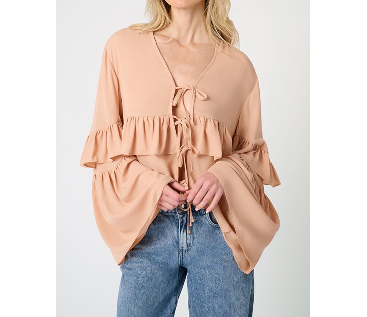 Women's Ruffle Tie Front Top - Almond
