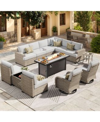 13 Piece Outdoor Patio Furniture Sets with Fire Pit Table,All Weather Wicker Sectional Sofa with Extra Deep Patio Swivel Chairs and Solar Powered Coffee Table for Porch,Garden,Backyard