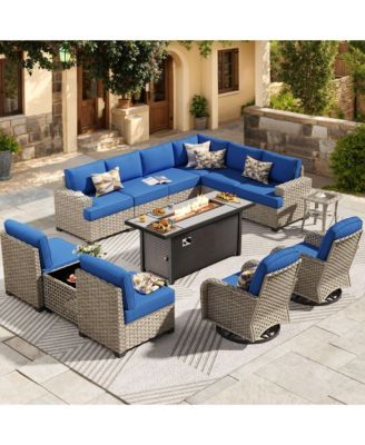 13 Piece Outdoor Patio Furniture Sets with Fire Pit Table,All Weather Wicker Sectional Sofa with Extra Deep Patio Swivel Chairs and Solar Powered Coffee Table for Porch,Garden,Backyard