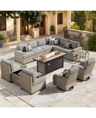 13 Piece Outdoor Patio Furniture Sets with Fire Pit Table,All Weather Wicker Sectional Sofa with Extra Deep Patio Swivel Chairs and Solar Powered Coffee Table for Porch,Garden,Backyard
