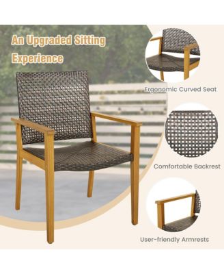 5 PCS Patio Dining Set Round Acacia Wood Table 4 Wicker Armchairs Outdoor Garden