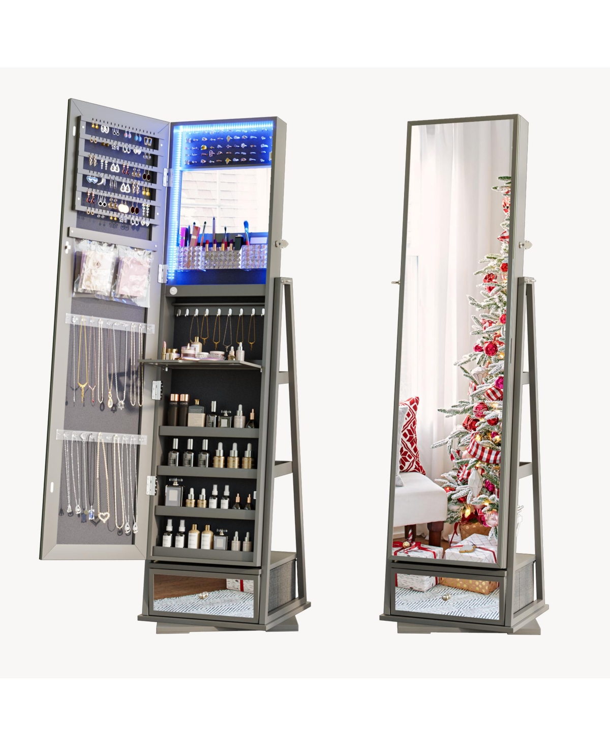 Jewelry freestanding storage mirror cabinet with storage shelves, built-in lights, and rotating feature. - Grey