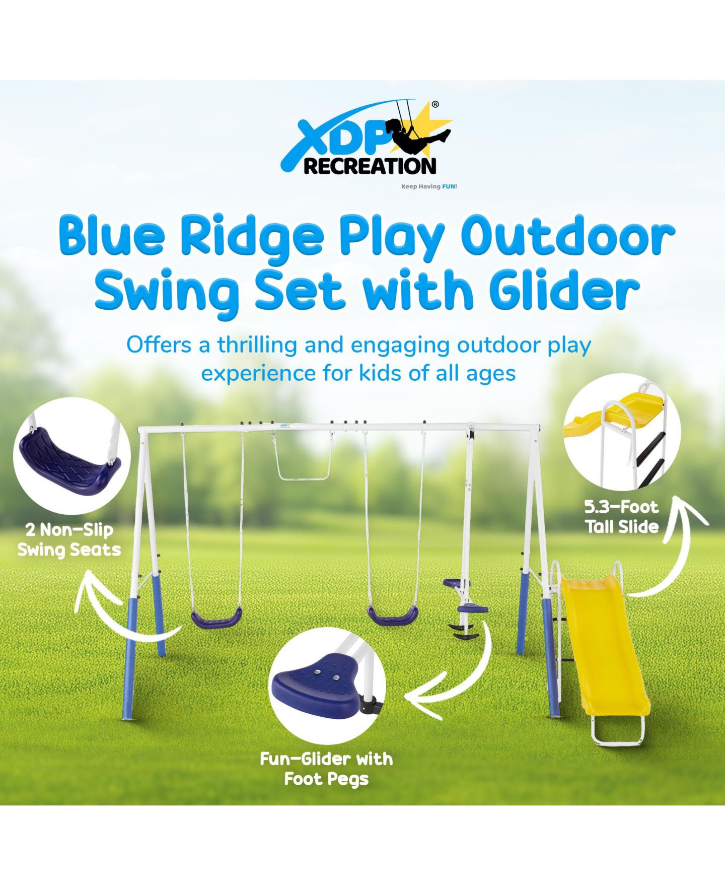 Детские игрушки XDP Recreation Blue Ridge Play Swing Set with Glider, 2 Swings & Slide, Supports Up to 6 Kids, Ages 3-8 — фото 3