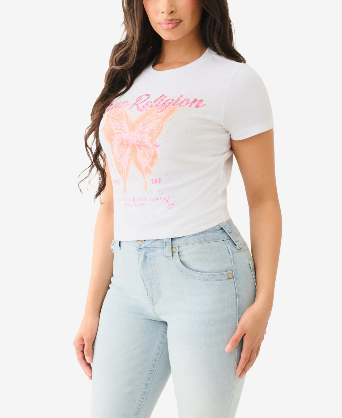 Shop True Religion Women's Short Sleeve Crystal Butterfly Baby T-shirt In Optic White