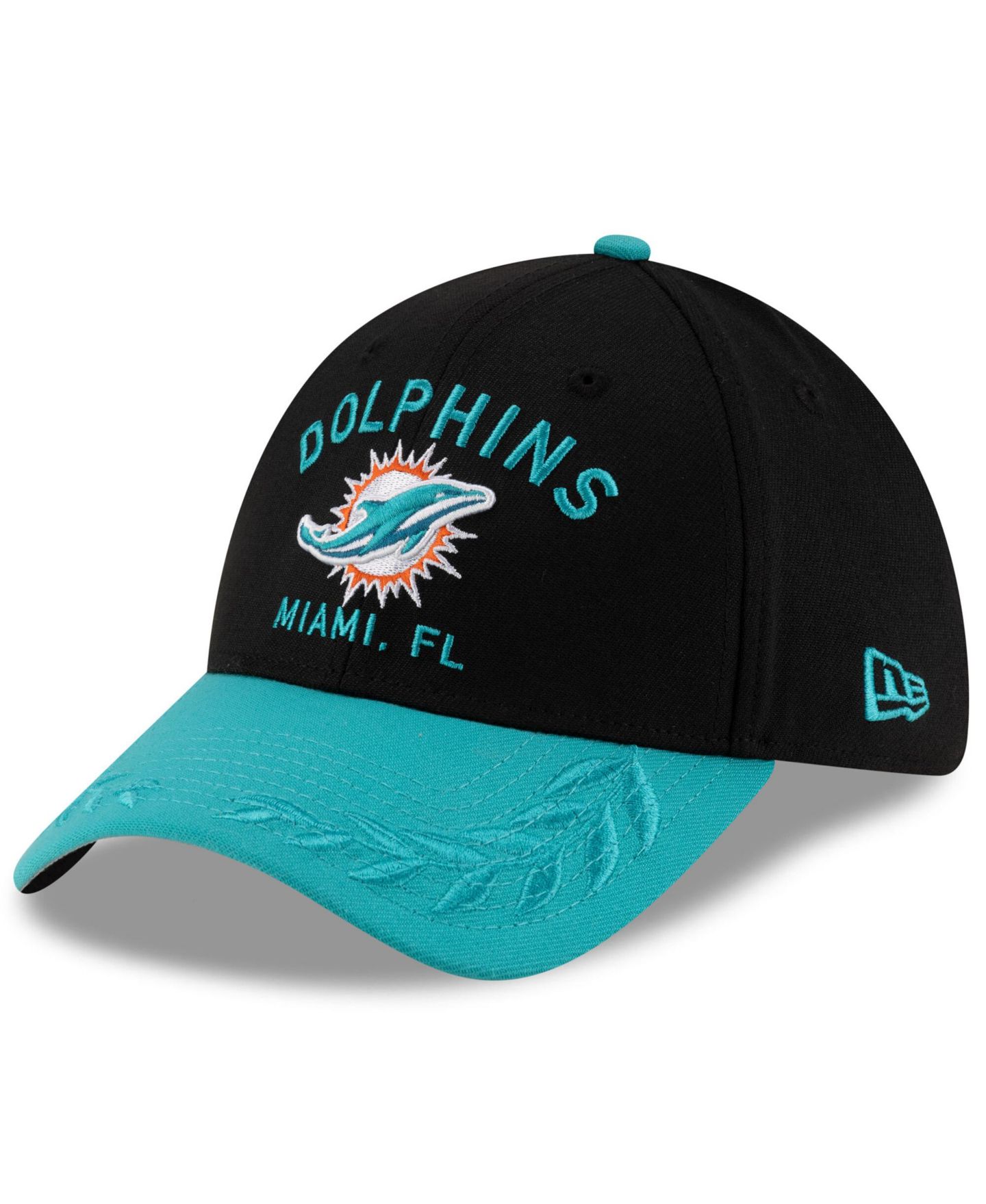 Мужская кепка New Era Black/Aqua Miami Dolphins 2025 NFL Draft 39THIRTY Flex Hat — фото 1